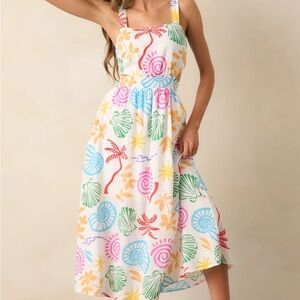The Calming Tides Ivory Multi Tropical Print Maxi Dress, size M, NWOT